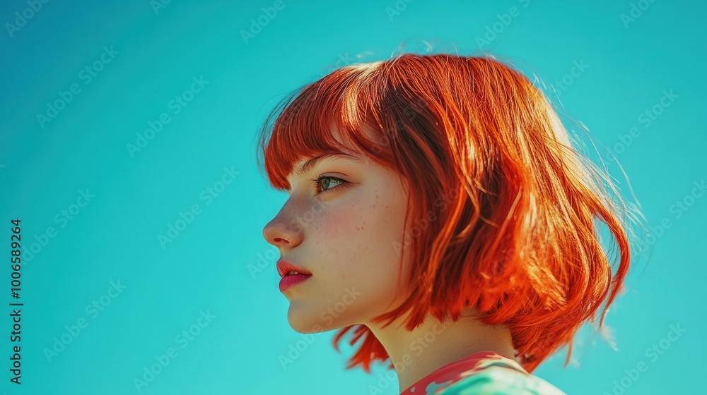 Color photograph of a Gen Z girl with a red bob hairstyle (35mm). non-standard camera angles. fashion portrait of a red-haired model Color photograph of a Gen Z girl with a red bob hairstyle (35mm). non-standard camera angles. fashion portrait of a red-haired model