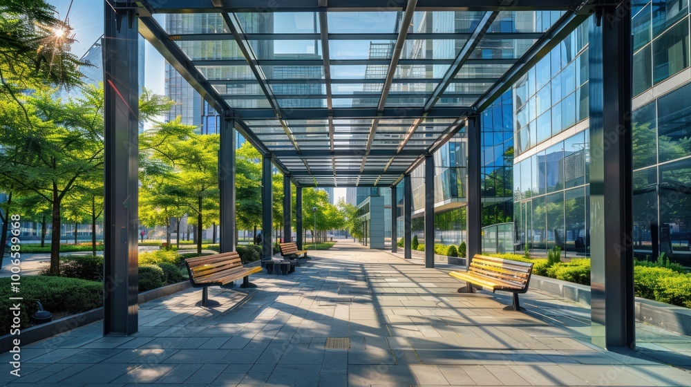 Modern Architecture with Glass Canopy and Benches Modern Architecture with Glass Canopy and Benches