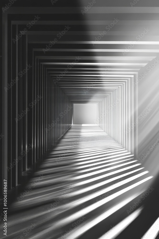 An endless corridor with dramatic shadows depicting a surreal artistic idea of perspective and infinite design in light monochrome. An endless corridor with dramatic shadows depicting a surreal artistic idea of perspective and infinite design in light monochrome.