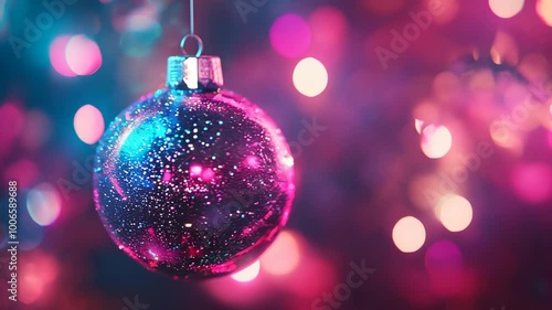 Close-up of a Christmas tree ornament against a neon background with a bokeh effect.
