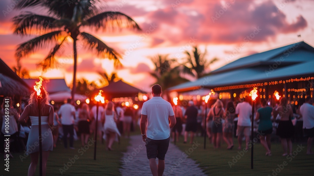 Obraz premium A vibrant sunset scene with people holding torches, creating a magical and festive atmosphere at a tropical resort.
