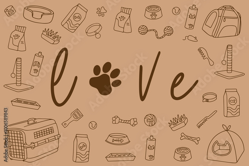 Hand drawn pet shop assortment in doodle style. Vector illustration