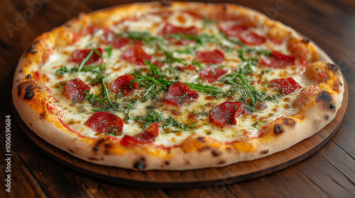 Gourmet Pizza Creation, A close-up of a wood-fired pizza topped with gourmet ingredients like truffle oil, arugula, and prosciutto