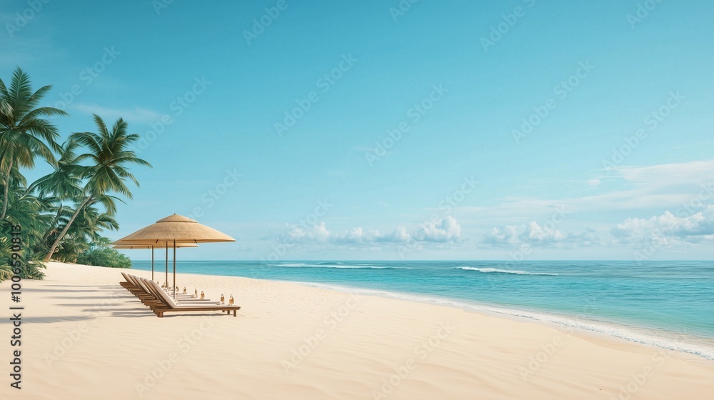 Serene beach scene with palm trees, a sunbed, and a beach umbrella under a clear blue sky, perfect for relaxation and vacation. Serene beach scene with palm trees, a sunbed, and a beach umbrella under a clear blue sky, perfect for relaxation and vacation.