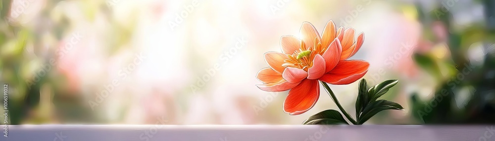 Obraz premium Minimalist floral arrangement of sketched petals forming a blooming flower, with a natural garden scene in soft focus, evoking the delicacy and simplicity of nature's beauty