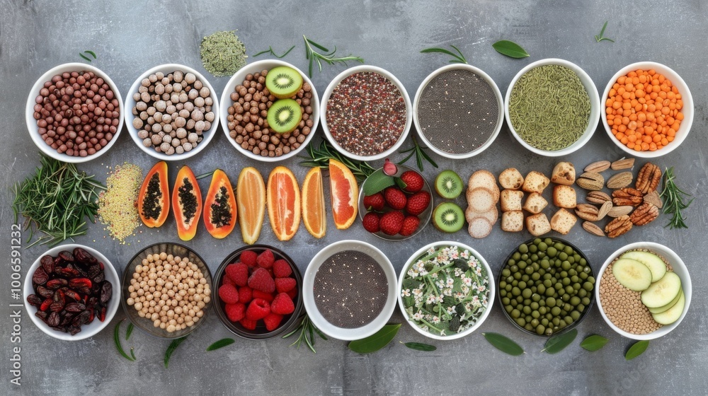 A variety of fruits and vegetables are displayed in bowls on a counter A variety of fruits and vegetables are displayed in bowls on a counter