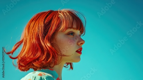 Color photograph of a Gen Z girl with a red bob hairstyle (35mm). non-standard camera angles. fashion portrait of a red-haired model