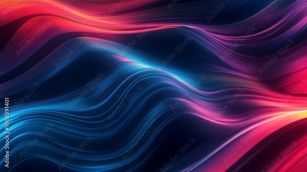 Fototapeta premium Digital artistry displaying fluid waves in blue, pink, and red colors blending together to form a serene and harmonious visual effect.