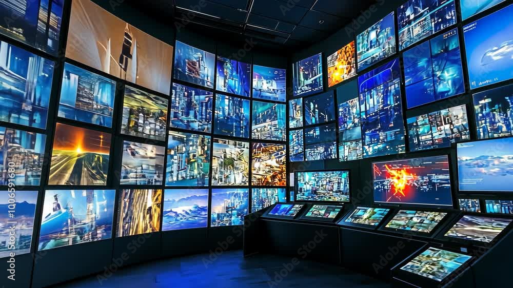 A large video wall displays various cityscapes and aerial footage in a control room setting A large video wall displays various cityscapes and aerial footage in a control room setting