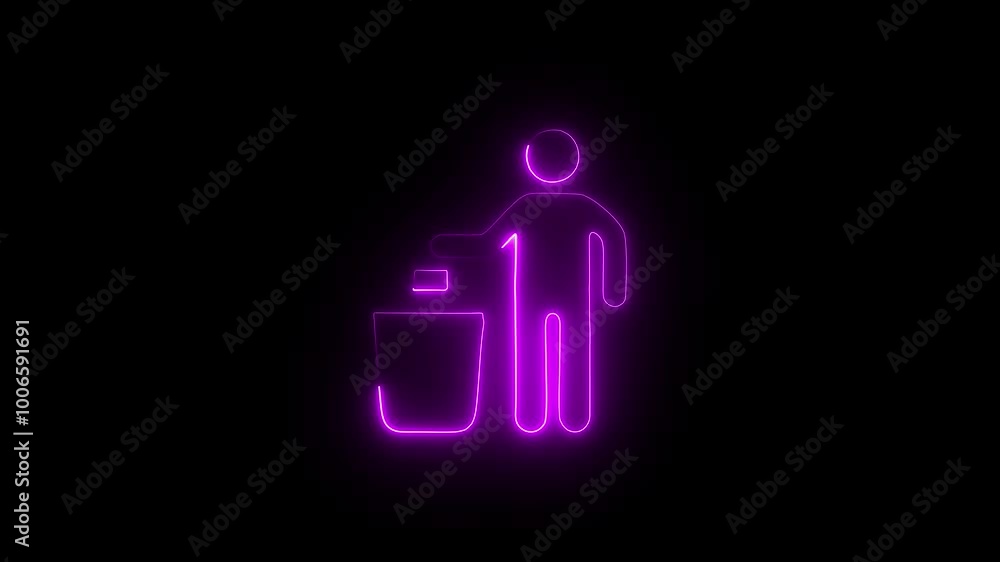 A glowing neon man with dustbin icon animation. Beggar homeless guy near trash can for concept of urban problems and poverty after crisis concept. A glowing neon man with dustbin icon animation. Beggar homeless guy near trash can for concept of urban problems and poverty after crisis concept.