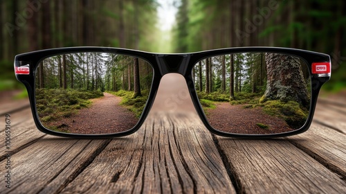 A pair of stylish glasses placed on the ground showcase a stunning forest landscape reflected in the lenses under bright daylight, emphasizing nature’s beauty