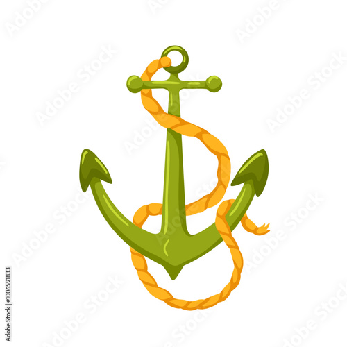 Green anchor with a rope around it. Simple cartoon vector hand drawn illustration. Isolated marine icon on white background
