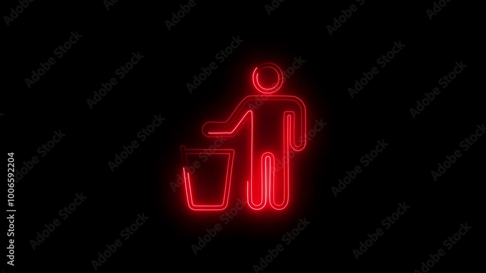 A glowing neon man with dustbin icon animation. Beggar homeless guy near trash can for concept of urban problems and poverty after crisis concept. A glowing neon man with dustbin icon animation. Beggar homeless guy near trash can for concept of urban problems and poverty after crisis concept.