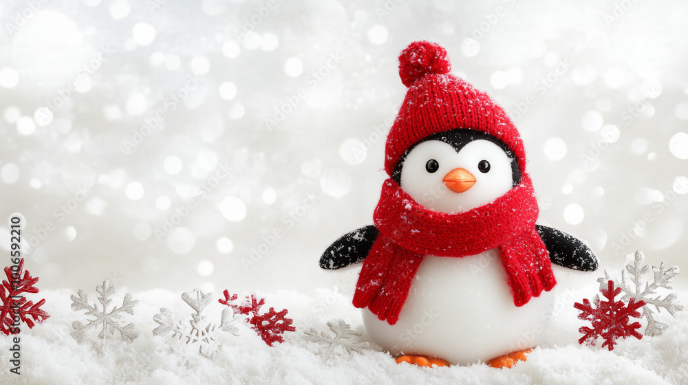 Adorable Christmas penguin with red hat and scarf in winter snow, snowflakes on white backdrop, copy space for text Adorable Christmas penguin with red hat and scarf in winter snow, snowflakes on white backdrop, copy space for text