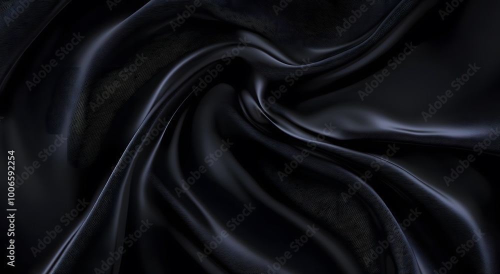 Black satin fabric, an elegant and luxurious background. Dark silk texture. Black cloth background. Black silk satin fabric with waves of soft folds Black satin fabric, an elegant and luxurious background. Dark silk texture. Black cloth background. Black silk satin fabric with waves of soft folds