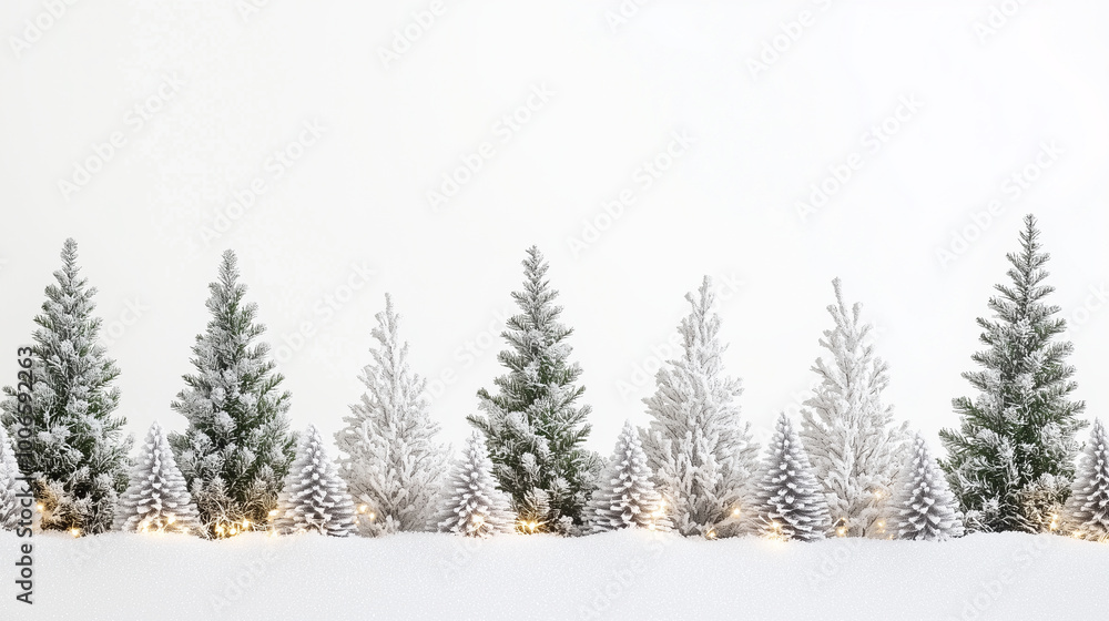 Beautiful Christmas winter wonderland with frosted trees and glittering snow on white backdrop, copy space for text Beautiful Christmas winter wonderland with frosted trees and glittering snow on white backdrop, copy space for text