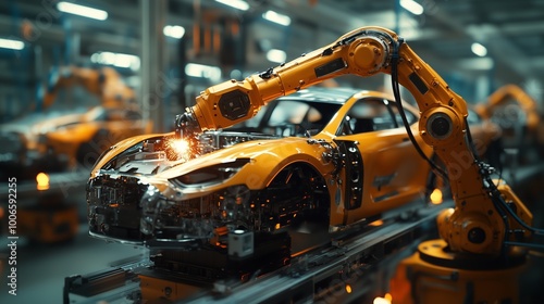 A robotic arm is welding the body of an electric car in a factory, representing industrial innovation and technology