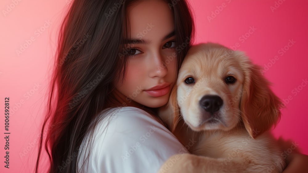Beautiful girl with long dark hair in a white t-shirt hugs a golden retriever puppy against a pastel pink background with neon lights Beautiful girl with long dark hair in a white t-shirt hugs a golden retriever puppy against a pastel pink background with neon lights