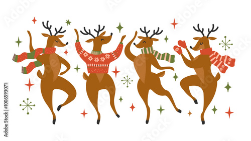 Cute deers in 1950s retro style. Vintage Christmas deer postcard, invitation template. Mid Century Modern Holiday Design. Bold vector design elements 60-70s