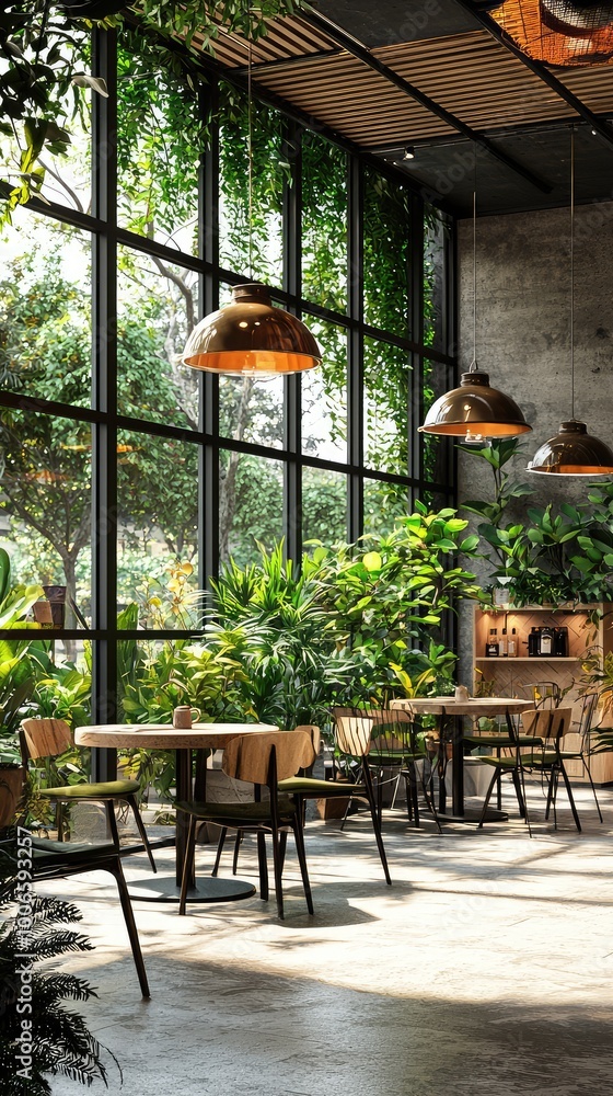Naklejka premium A beautifully designed cafe with lush greenery, inviting natural light, and modern decor, perfect for relaxation and socializing.