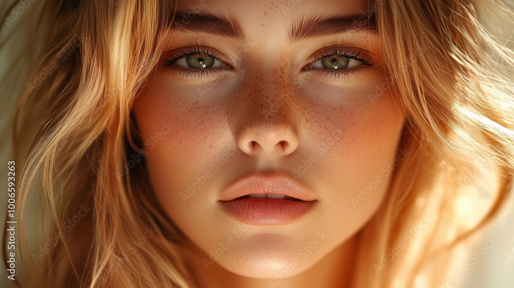 Naklejka premium Close up photo of a beautiful woman with blonde hair, high cheekbones and glossy lips