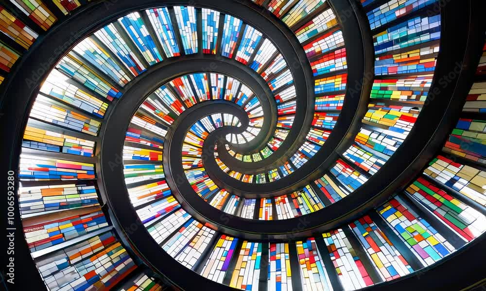 A colorful spiral staircase made of stained glass windows. The light shines through the glass, creating a beautiful and abstract pattern.