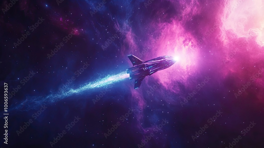 Fototapeta premium A futuristic spaceship soaring through a nebula, leaving a trail of light in its wake.