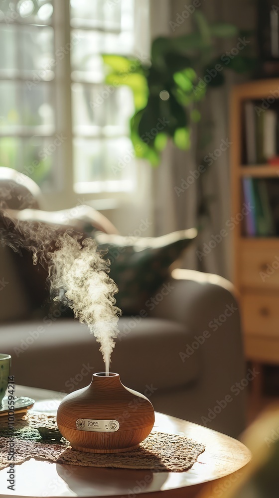 A calming aroma diffuser releasing soothing mist in a cozy living room with natural light and greenery. A calming aroma diffuser releasing soothing mist in a cozy living room with natural light and greenery.