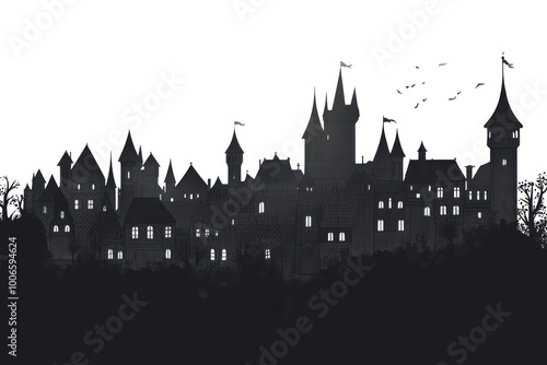 PNG Dark medieval village building border architecture illustration castle.