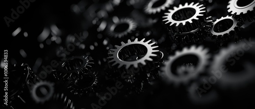 Close-up of black mechanical gears in a dark environment, illustrating the concept of engineering, technology, and machinery.