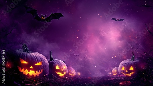 Glowing jack-o'-lanterns in a spooky Halloween night forest with bats flying in the purple sky.