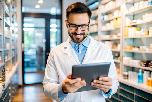 Portrait of a male pharmacist in a drugstore against the background of shelves with various medicines, holding a tablet
