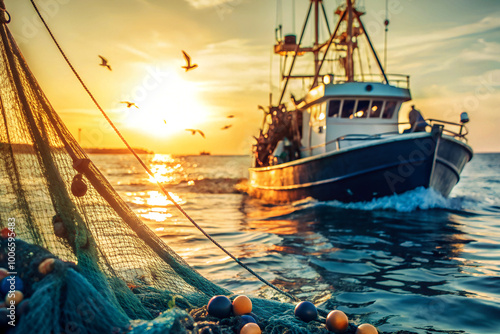  Commercial fishing. Catching fish on a seiner, a fishing vessel with nets at sea. Fishermen take out the caught fish photo