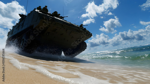 A massive amphibious assault vehicle, emerging from the ocean and rolling onto a sandy beach, with soldiers ready to deploy into enemy territory. Amphibious assault vehicle landing on a beach.


 photo