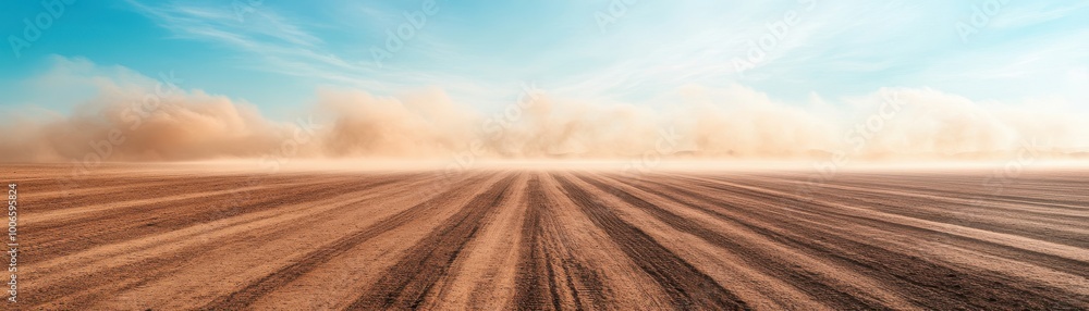 Fototapeta premium Wide-angle view of a plowed agricultural field under a clear blue sky, ready for planting, with a dust storm in the background.