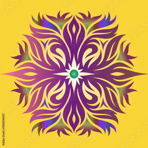 A Colorful mandala pattern featuring a symmetrical star-shaped design with a mesmerizing multicolor.  A Kaleidoscope of Colors. Multifaceted decorative Multi Color rangoli design. Yellow background.