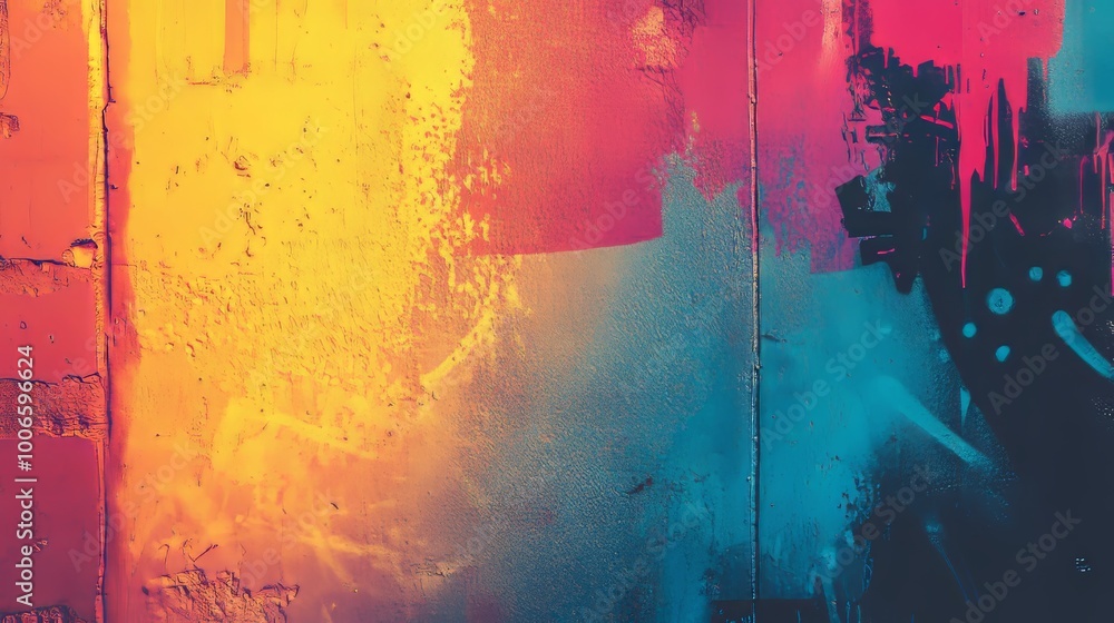 Naklejka premium A vibrant graffiti artwork featuring a blend of bright golden, blue, and pink hues on a textured concrete surface.