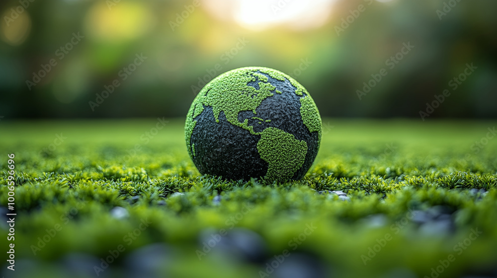 Green globe made of moss on grass, representing environmental conservation Green globe made of moss on grass, representing environmental conservation