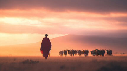Fotobehang Cappuccinokleur African Maasai warrior tending to cattle in the vast savannah landscape photo  © forenna