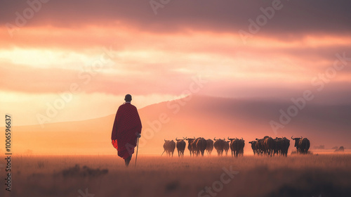 African Maasai warrior tending to cattle in the vast savannah landscape photo photo