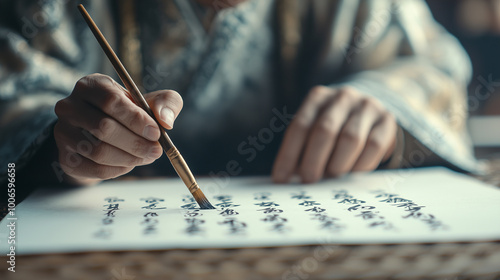 Chinese calligrapher painting intricate characters with a brush on rice paper photo photo