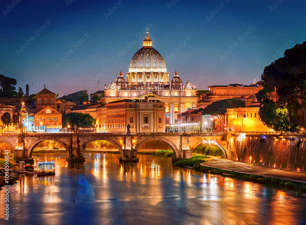 Fototapeta premium Night view of the Basilica St Peter in Rome, Italy