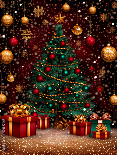 A Christmas tree with many ornaments and a star on top. There are also presents under the tree
