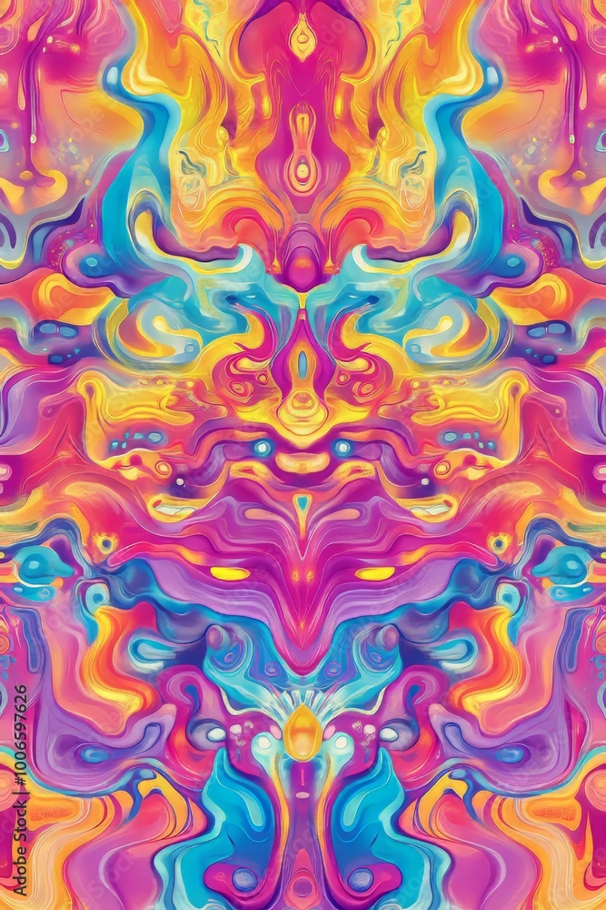 Obraz premium Colorful psychedelic design displaying swirling patterns with vibrant hues and a kaleidoscopic, mesmerizing effect.