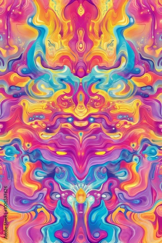 Colorful psychedelic design displaying swirling patterns with vibrant hues and a kaleidoscopic, mesmerizing effect.