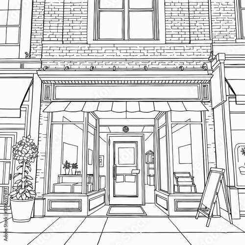 A brick building with a large window display and a shop sign on the front
