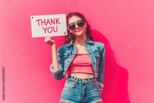 Young Woman Holding Thank You Sign Generative AI.