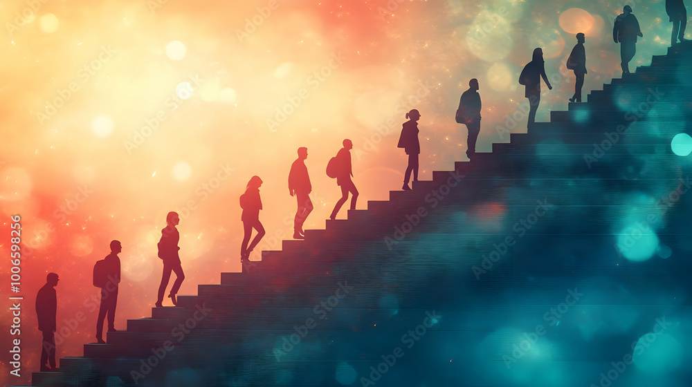 3D Silhouettes of Climbers on Steps with Bokeh Background: Abstract Symbol of Growth and Progress for Motivational Business Ads 3D Silhouettes of Climbers on Steps with Bokeh Background: Abstract Symbol of Growth and Progress for Motivational Business Ads