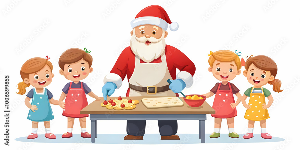 Flat Santa Baking Cookies with Kids: Capture Joyful Moments of Holiday Fun in a Simple Vector Illustration Flat Santa Baking Cookies with Kids: Capture Joyful Moments of Holiday Fun in a Simple Vector Illustration