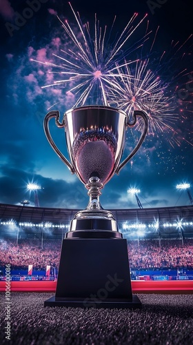 Silver Trophy Cup on Podium with Fireworks and Stadium Crowd. photo